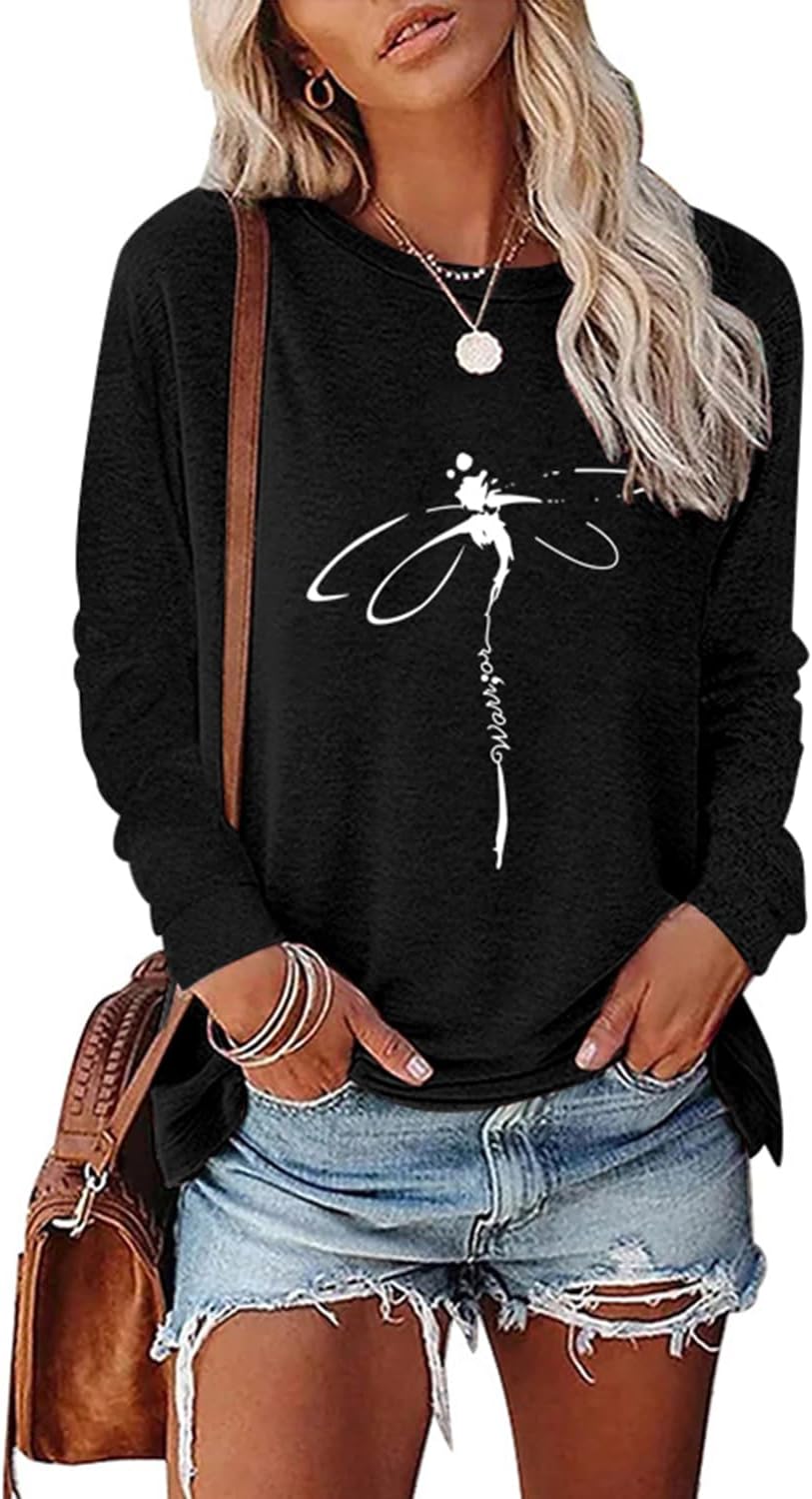 Women's Dragonfly Trendy Graphic Long Sleeve Shirts Basic Tee Fall Winter Loose Cozy Cute Pullover Tops XX-Large Black - Image 1 of 7
