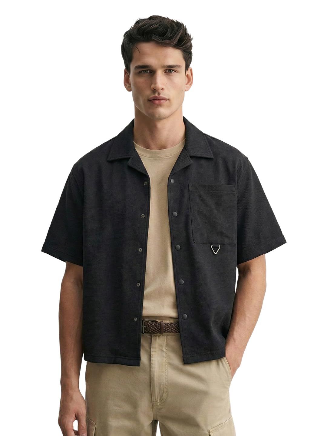 the indian garage co Men Boxy Cuban Collar Half Sleeve Textured Casual Shirt-picture-21