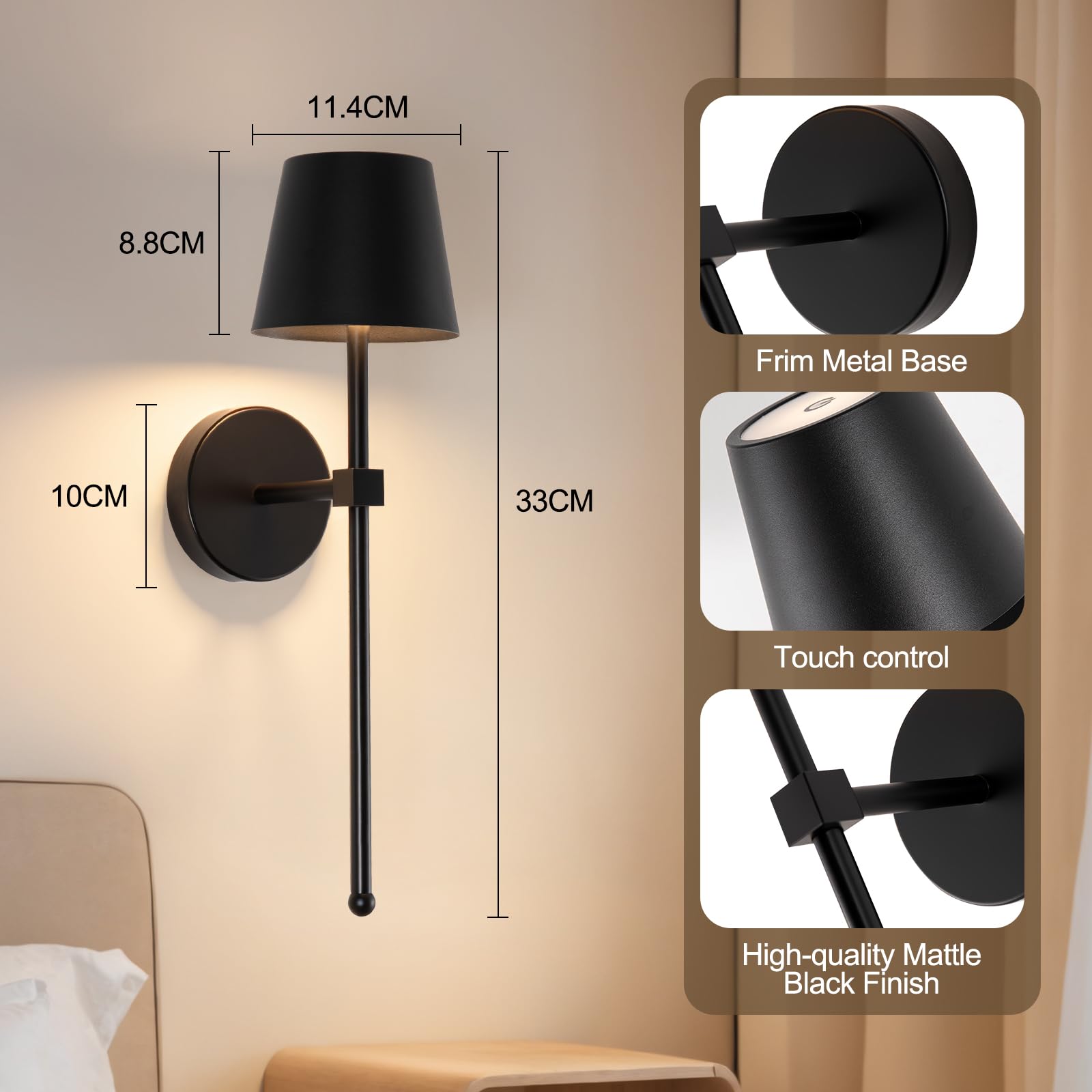 Luces de pared que funcionan con pilas, luces de pared recargables negras de 10000 mAh, paquete de 2 apliques de pared inalámbricos de metal vintage para sala de estar, dormitorios, garaje