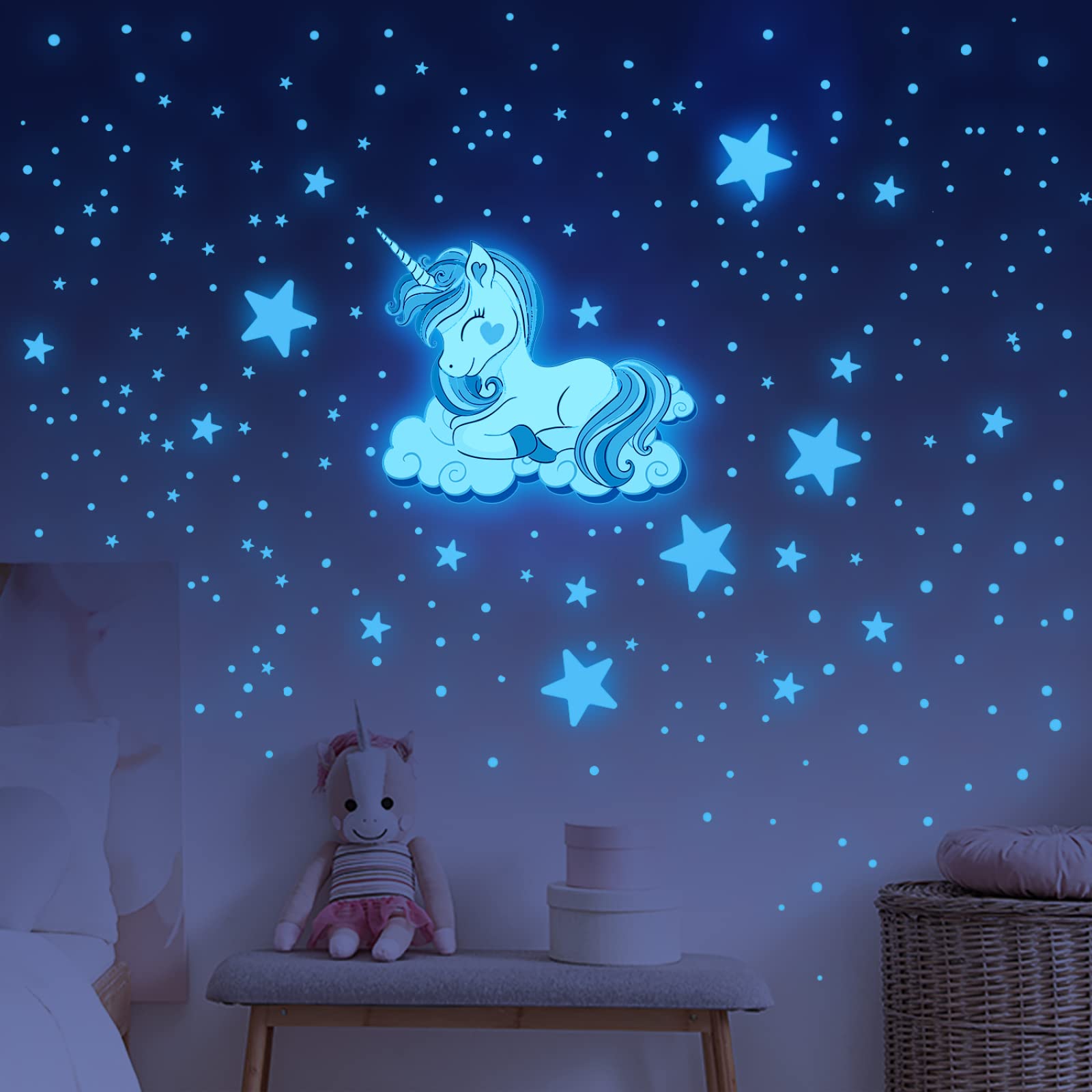 Adesivi Murali Unicorno Stella Verde Adesivi da Parete Stelle Fluorescenti Adesive Soffitto Adesivi Murali Bambini Stelline Luminose per Cameretta Soggiorno Decorazioni 3 Pezzi