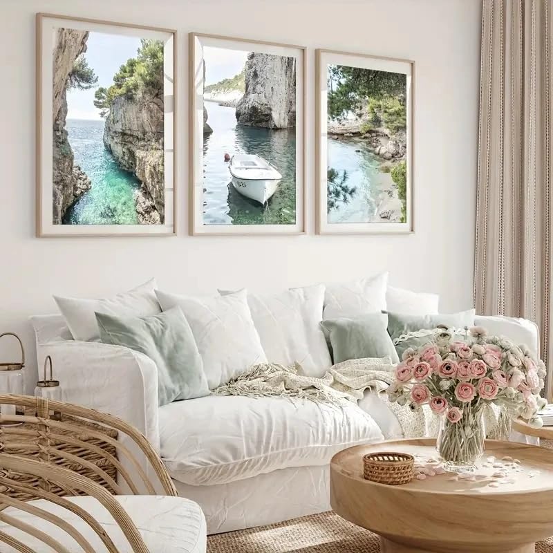 Décoration murale toile paysage baie bateau eau transparente 3 pièces