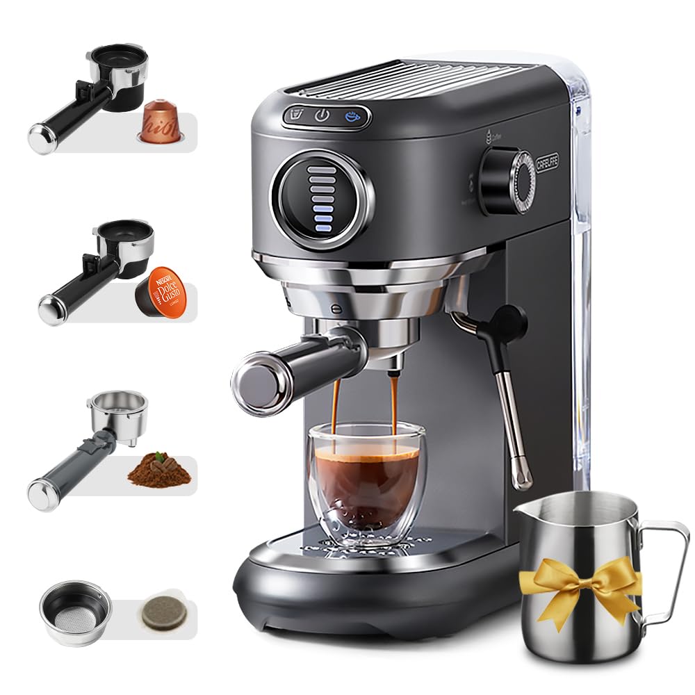 Máquina de café espresso 4 en 1 con espumador de leche, máquina de café de 19 bares con volumen de café visual de 7 niveles ajustable para cápsulas y polvo Nes* y DG*, 1450 W, gris