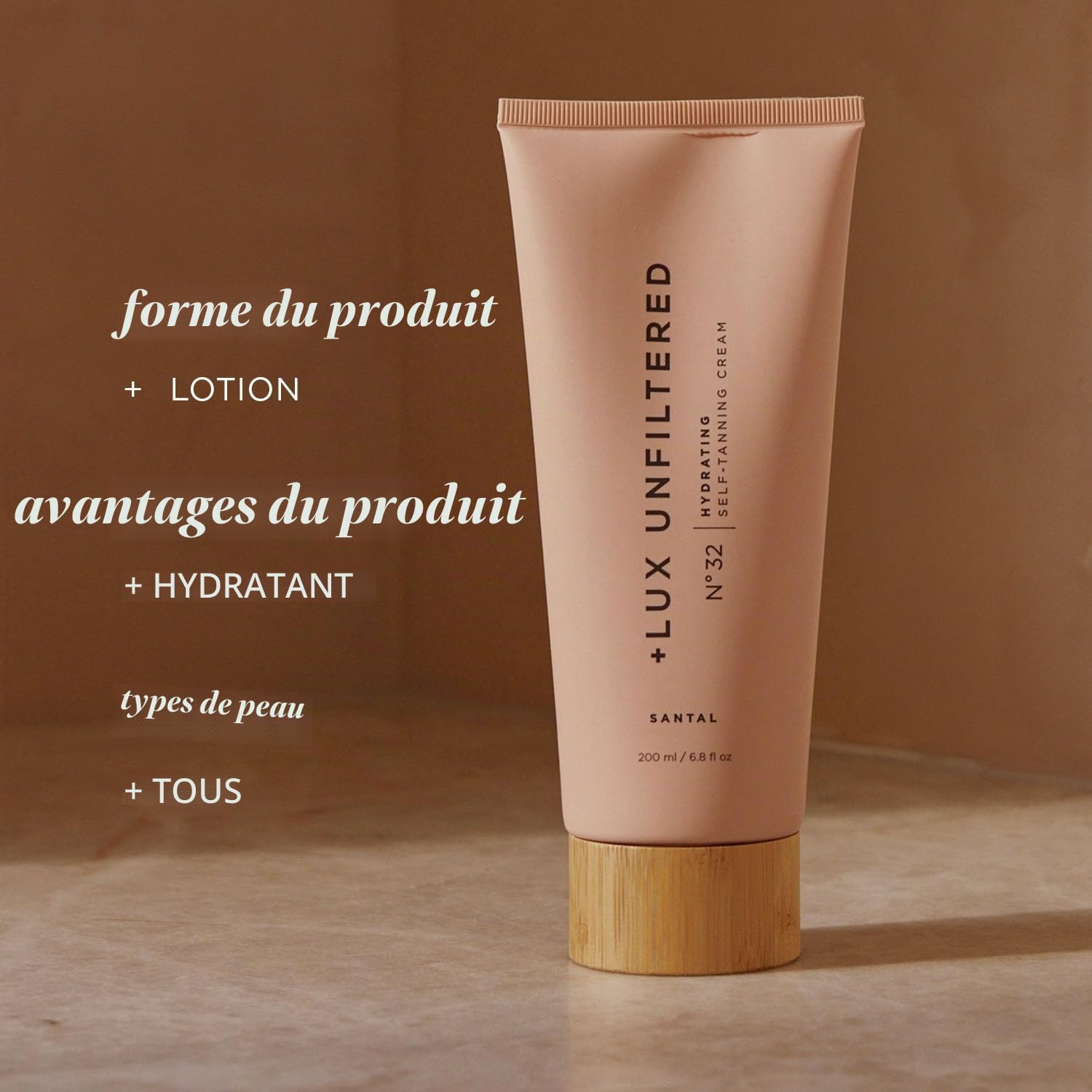+ Lux Unfiltered Santal N°32 Autobronzant Hydratant Graduel - Pas de gâchis, de traces ou de transfert Lotion autobronzante - Lotion autobronzante progressive (Santal)