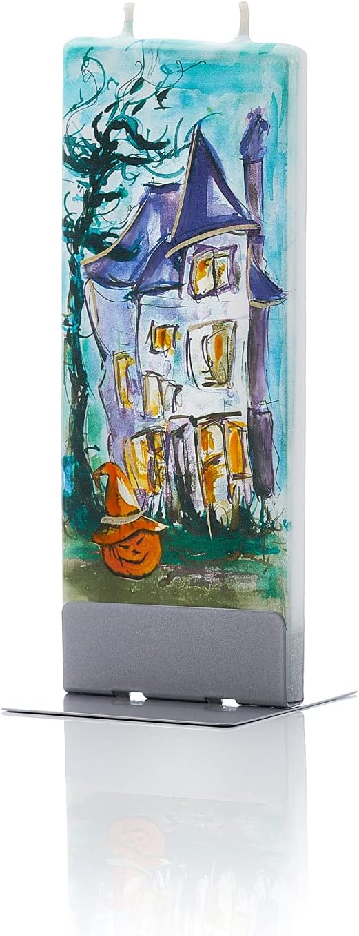 FlatyzHandmade Flat Candle - Jack-O'-Lantern Haunted House | Hand Painted, Unscented Decorative Candles | Drip-Resistant & Smoke-Free 2 Wick Candle for Home & Room Decor | Steel Stand Included