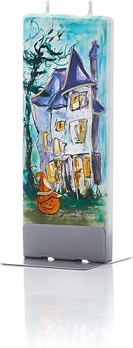 FLATYZ Vela plana hecha a mano - Jack-O-Lantern Haunted House Velas decorativas pintadas a mano sin perfume Vela de 2 mechas resistente al goteo y