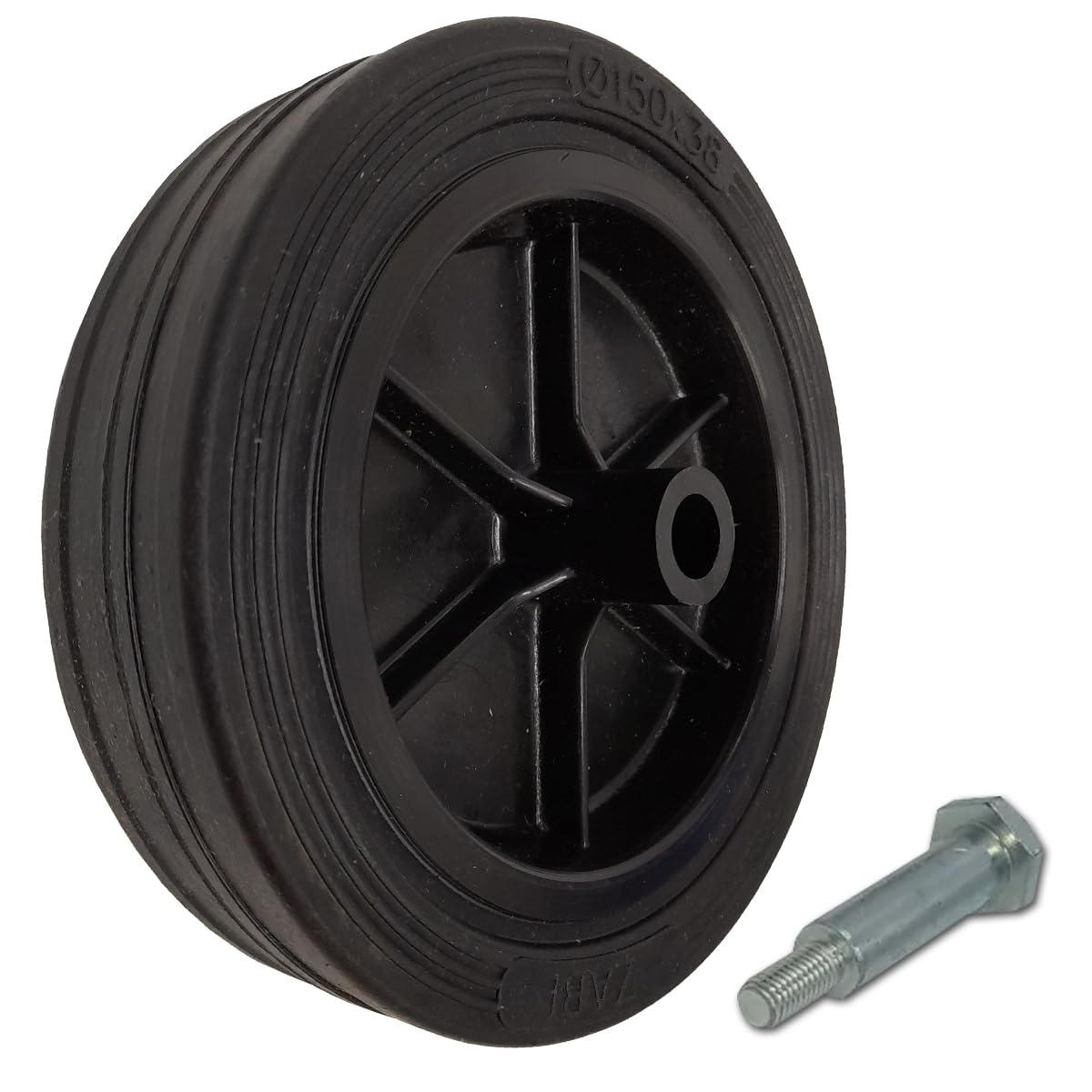 Rasenmäherrad Ø150 mm – schwarzes Ersatzrad aus Vollgummi, robustes Kunststoffrad für Rasenmäher, mit Montage-Set, Code: K150*M8