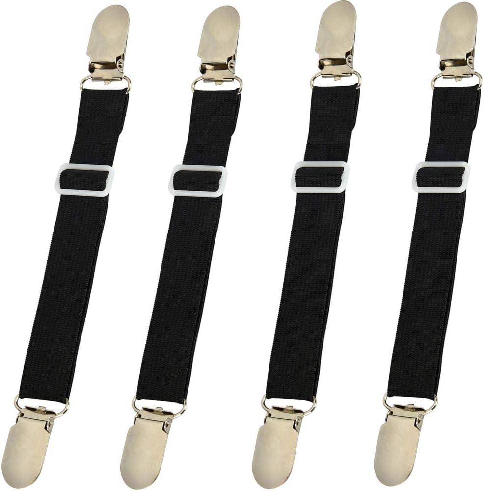 Bed Sheet Clips Straps Sheet Holder Mattress Clips, Adjustable Elastic Bed Sheet Grippers Straps Suspender Fasteners Holder (Black Set of 4)