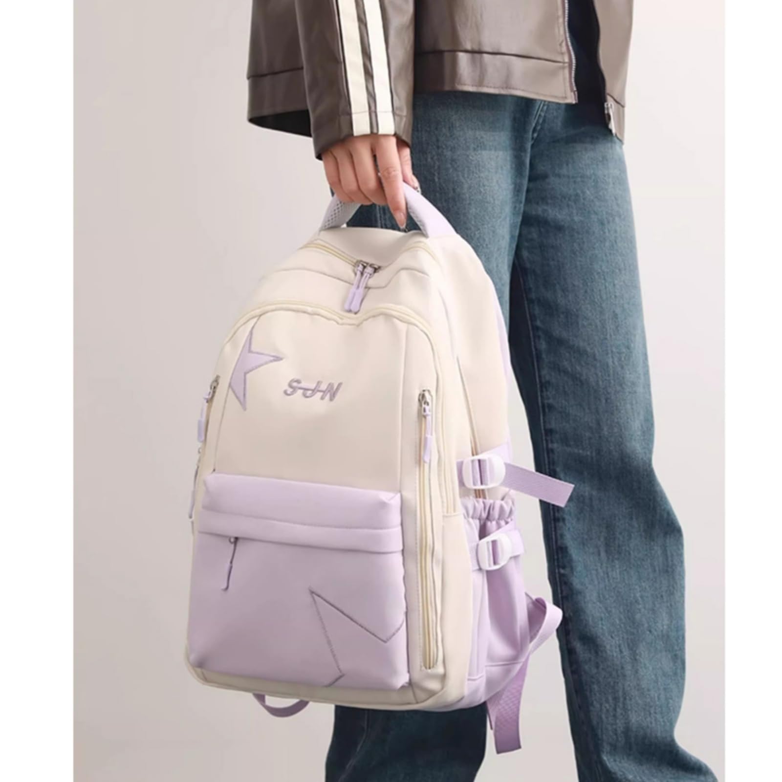 Zaino Star Ricamo Colore Blocco Zaino, Grande capacità Scolastico Casual per L'uso di Viaggio degli Adolescenti-Sky Blue
