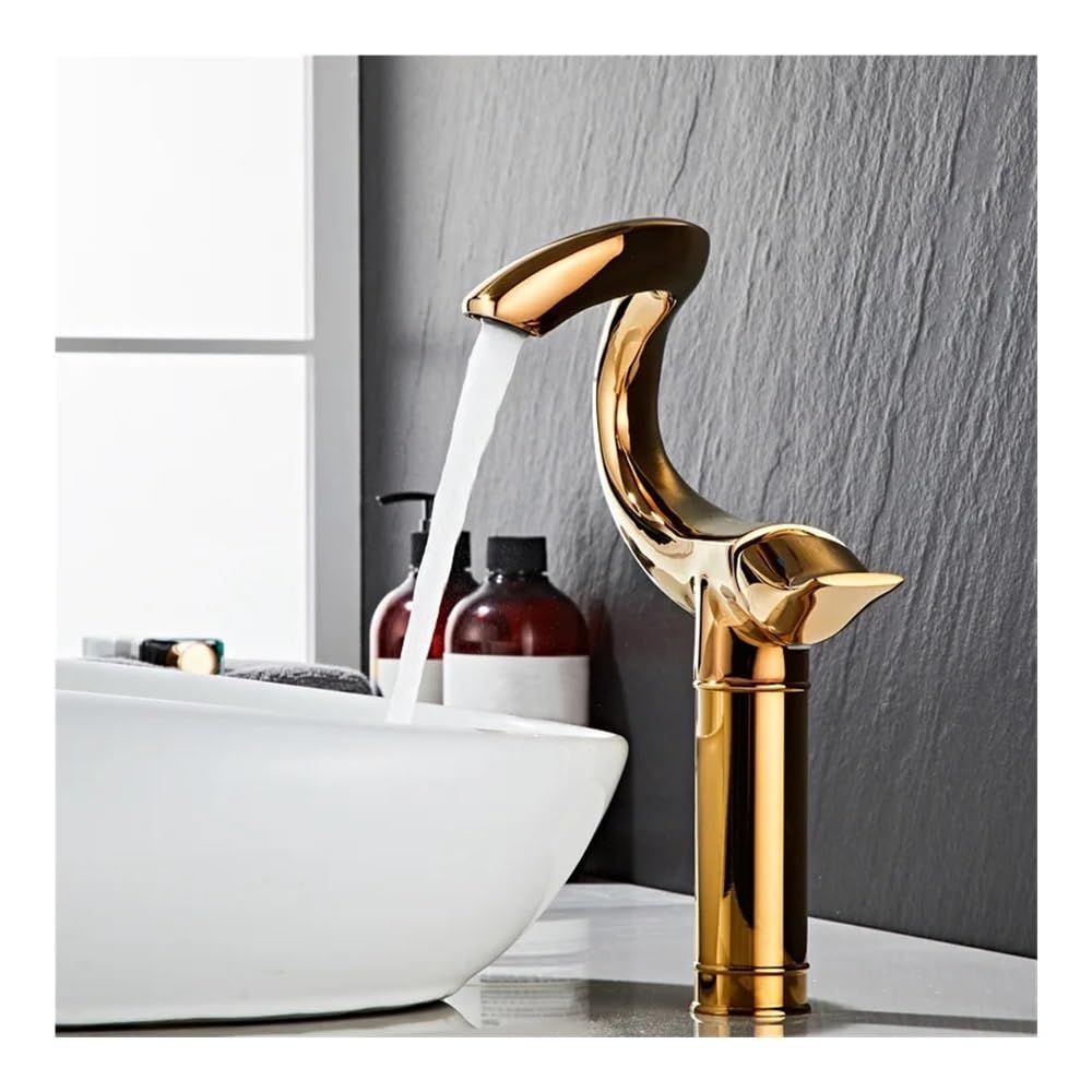 Brass Basin Faucet Hot and Cold Water Wash Basin Counter Basin Fixed Sitting Faucet FES-6066(Gold,High)