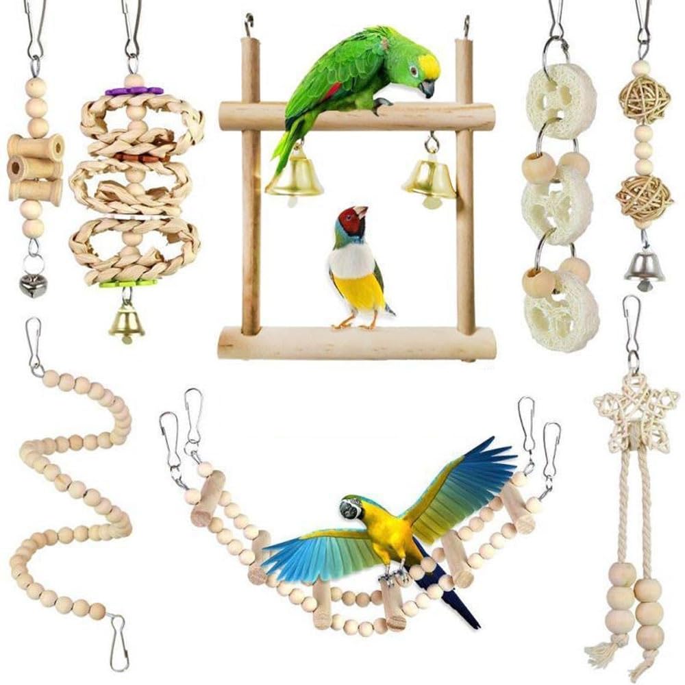 8 PCS Bird Parrot Toys,Natural Wood Chewing Swing Toys Hammock Climbing Ladder Bird Cage Toys for Budgerigar,Love Birds,Mynah,Parakeet,Conure,Cockatiel,Finches and Other Small to Medium Birds