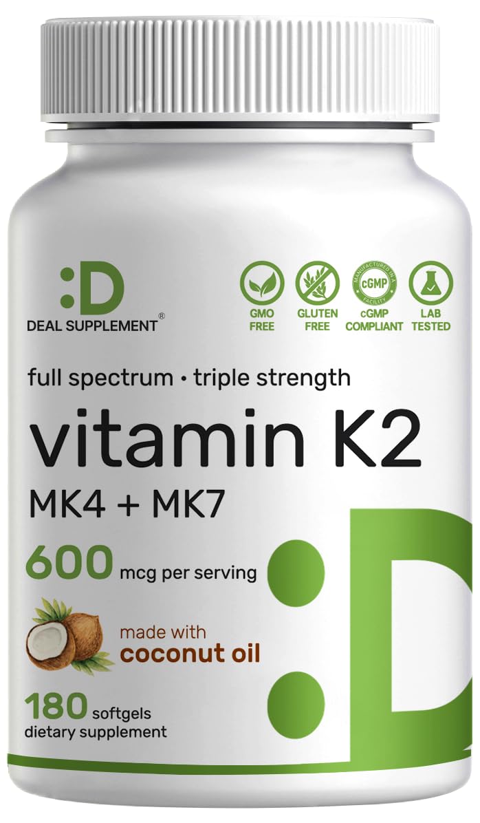 DEAL SUPPLEMENT Vitamin K2 Supplement 600mcg, 180 Coconut Oil Softgels | Full Spectrum High Absorption MK-7 & MK-4 Forms | Bone, Joint, & Immune Support – Non-GMO