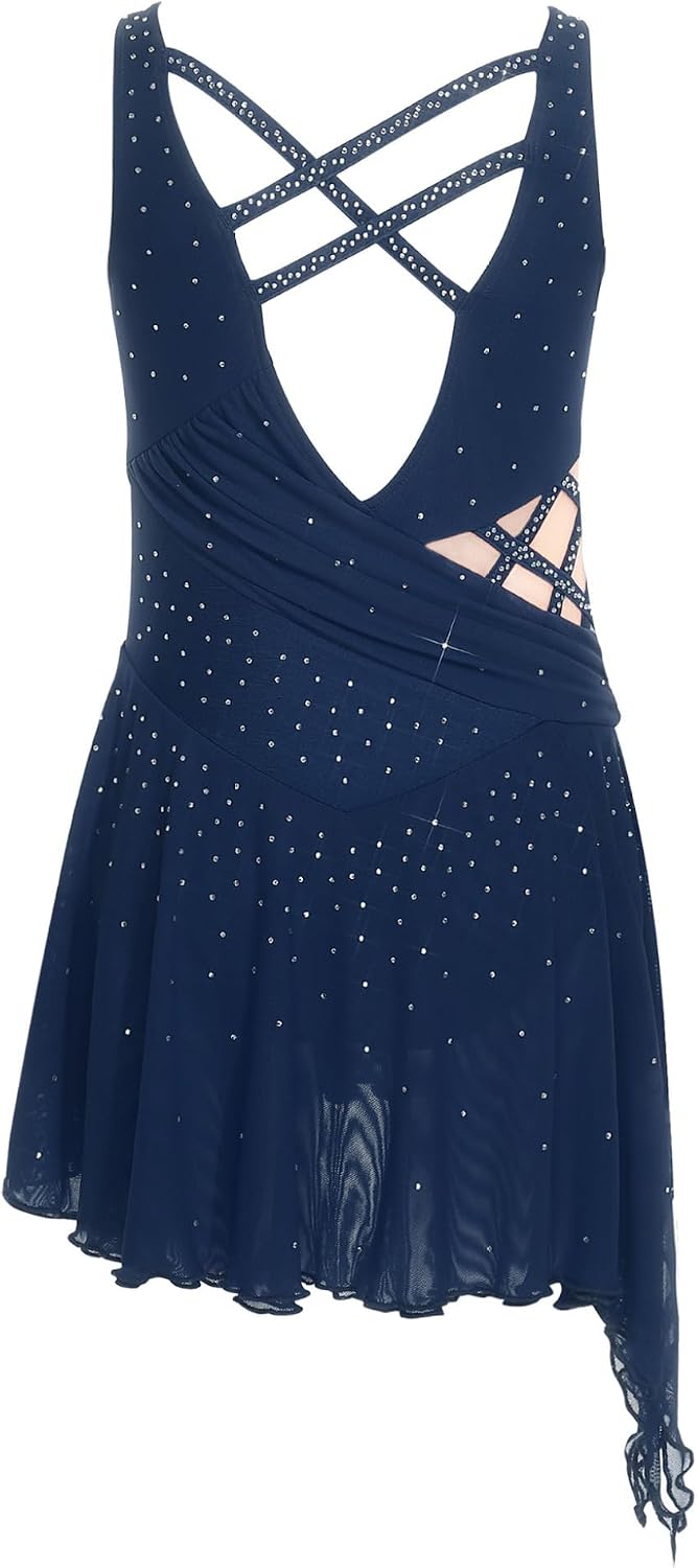Kids Girls Sleeveless Lyrical Dance Dress Sparkle Rhinestones Gymnastics Figure Skating Leotard Dress