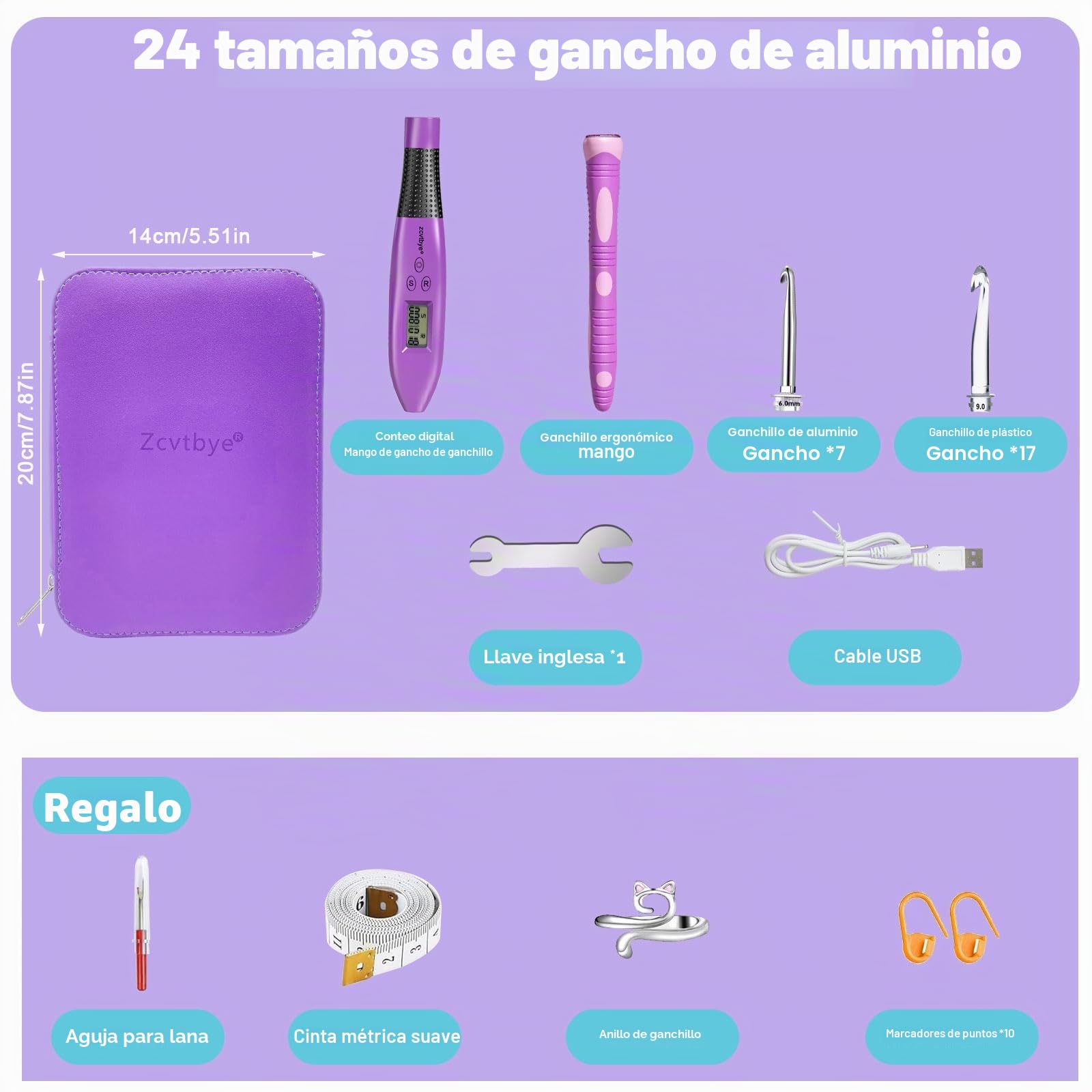 Juego de agujas ergonómicas de ganchillo 24 en 1 con luz LED y contador, cabezales intercambiables de metal y plástico 2-14 mm, agujas de hilo, marcadores y regla