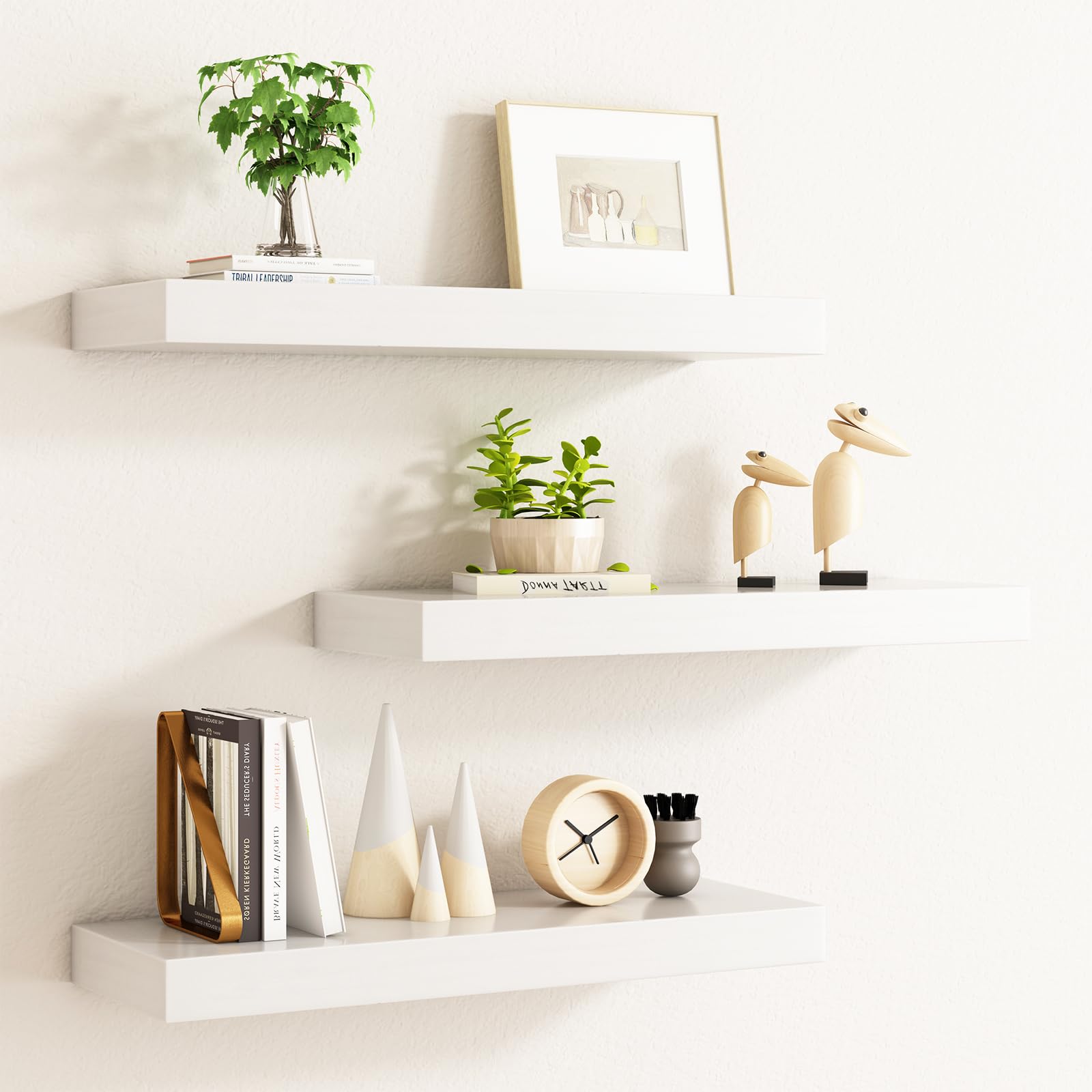 Floating Shelves, Bathroom Decor Wall Shelves, Living Room Shelves Set of 3 with Invisible Brackets for Living Room,Bedroom and Kitchen (White, 17 Inch)