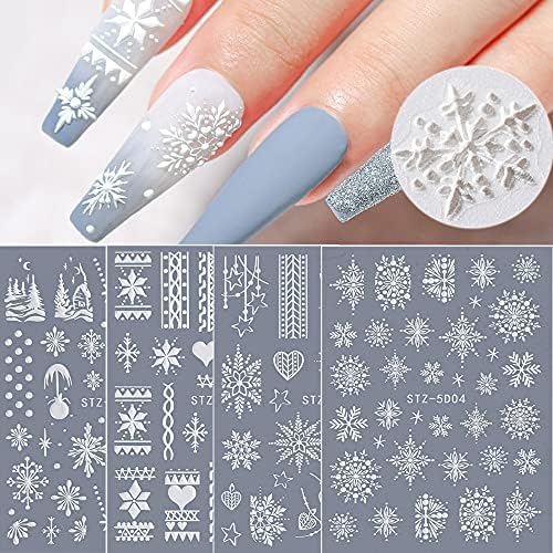 Snowflake Nail Art Sticker Decals 5D Embossed Christmas French White Snowflake Nail Art Supplies Self-adhesive Nail Art Decoration Accessories Snowflakes Lace Lattice Elk Classic Winter Design, 4 Sheets (snowflakes A)