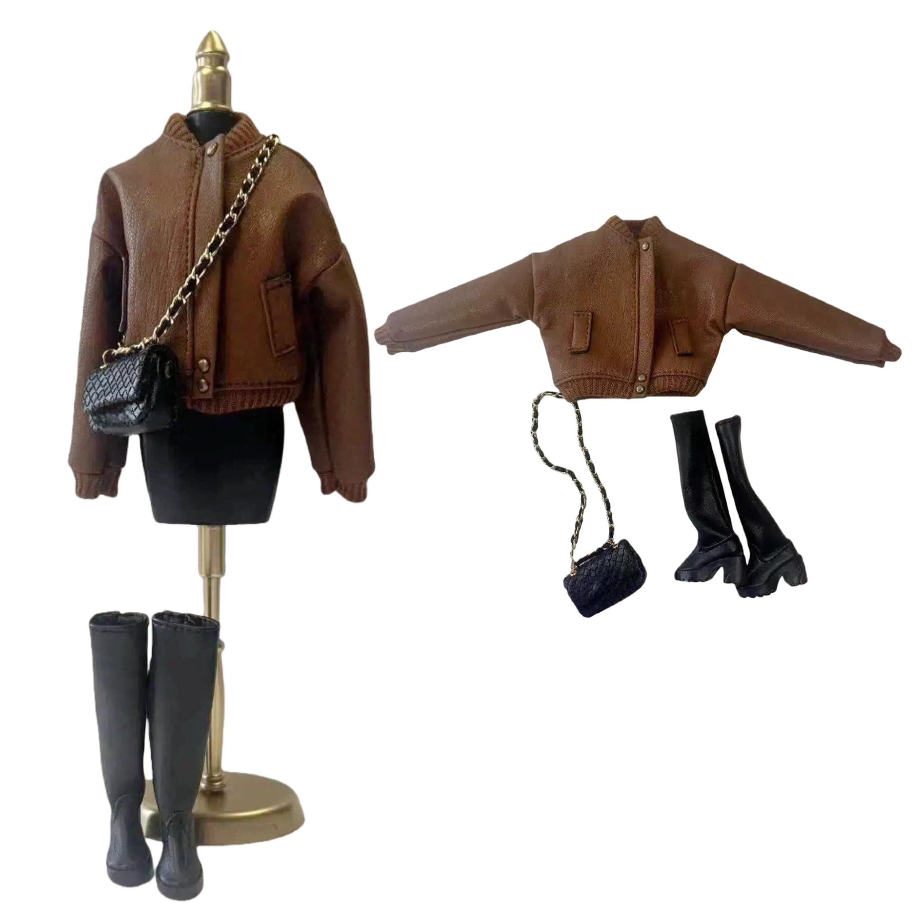 Conjunto de ropa de muñeca de moda, chaqueta de bombardero con botas de combate y bolsa de cadena, para muñecas de 11.5 a 12 pulgadas, BJD 1/6 (chaqueta bomber marrón)
