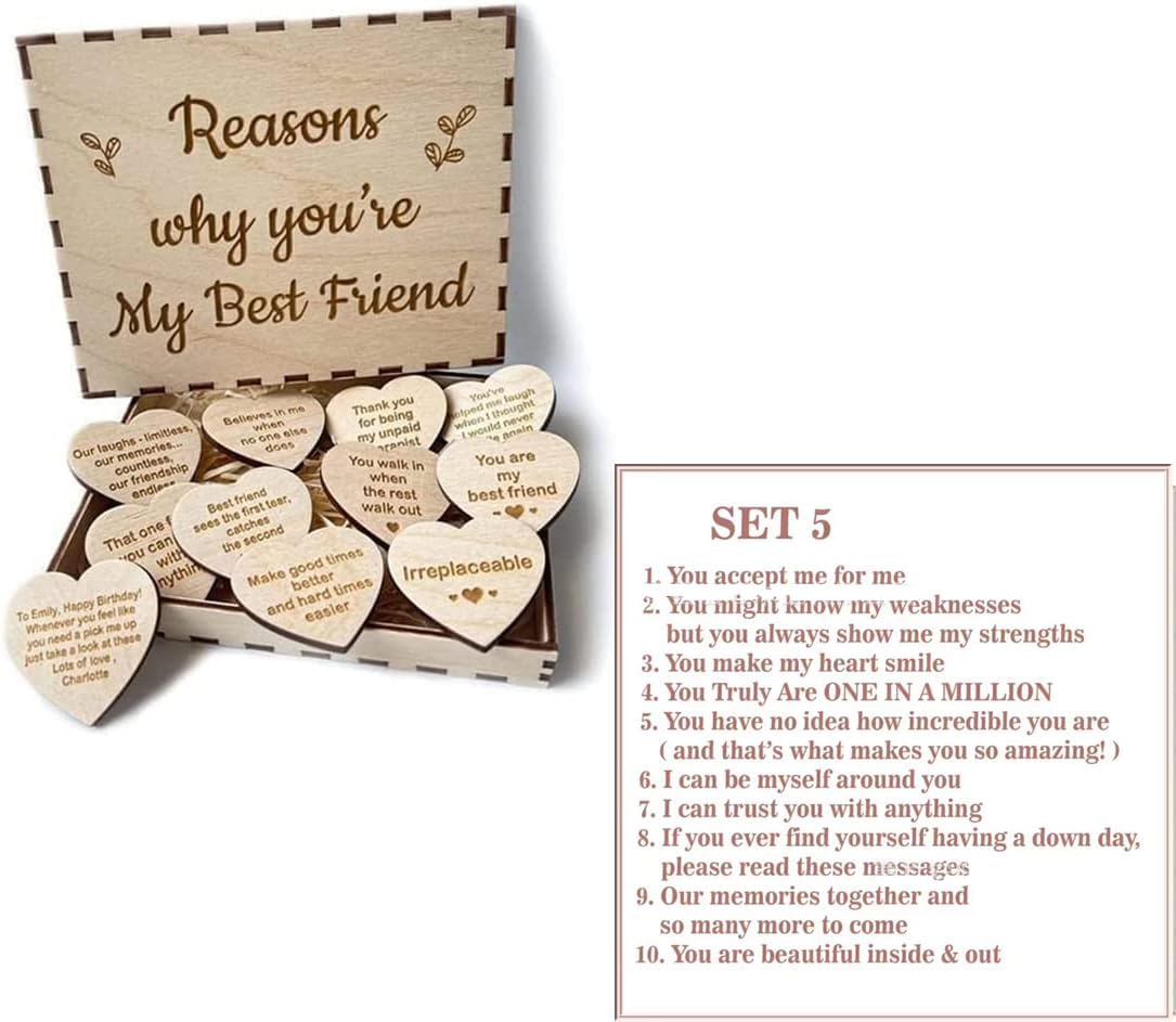 ARMERI Why You Are My Friend Wooden Box and Heart Tokens,Reasons Why You Are My Best Friend Wooden Box,Why You Are My Bestie,Reasons Why You Are My Friend Gift,Wooden Box and Heart Keepsake Gift (E)