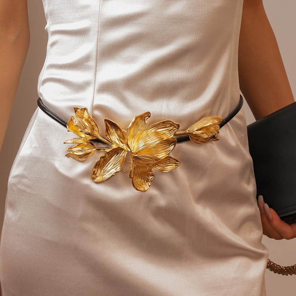 Rerto Tulip Flower Slim Waist Belt for Women Boho Dress Elegant Big Flower Decor Leather Rope Waistband Skinny Gold Floral Body Waist Band Belt for Women Dress Shirts Wedding