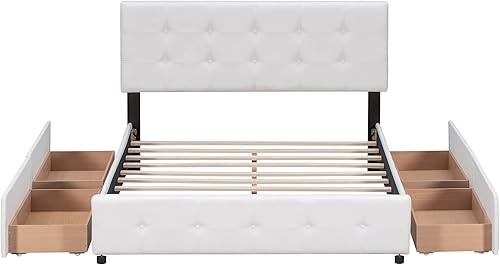 Miniatura 4 de JIVOIT Cama de plataforma de almacenamiento tamaño Queen con 4 cajones cama de plataforma tapizada de tela de lino con cabecera clásica marco de