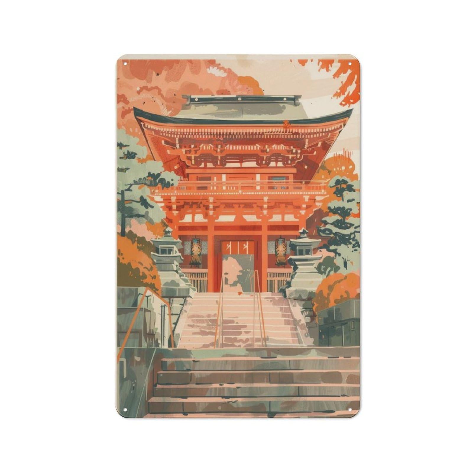 Junmoney Japanese Shinto Temple Nostalgic Decorative Tin Sign 30X20cm Featuring Old Style Wall Plaque For Kitchen, Hallway, Bar Or Small Cafe