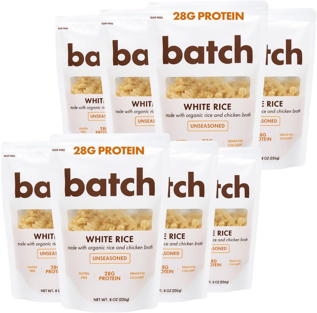 Batch – Organic Protein Rice with Collagen – 28g Protein per Bag, Ready in 90 Seconds, Microwavable Long-Grain White Rice, Grass-Fed Bovine Collagen, Gluten-Free, Made in USA – Unseasoned (8 Pack)