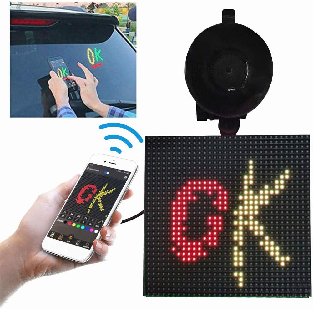 VEZARON LED Display Screen Controlled Emoji, Car LED Display Screen, Picture Lights & Mini Accent Spotlights, Open LED Sign Bluetooth App for iOS and Android System (Black)
