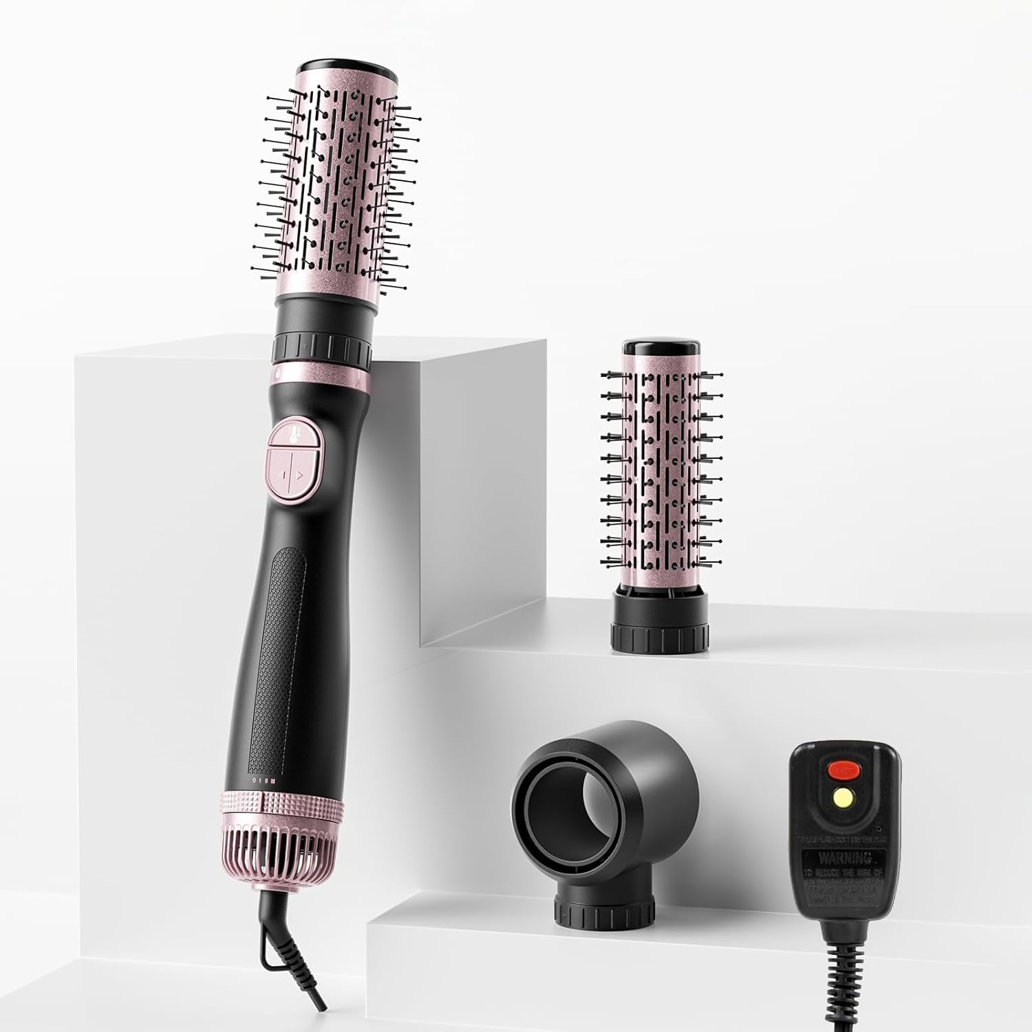 Blow Dryer Brush, 3-in-1 Rotating Hair Dryer Brush with 3 Heads for Drying Styling Volumizing Curling Sleeking in One Step for Long Hair, 3 Temperatures, Negative Ionen, Ceramic Coating, 360° Rotating Rose