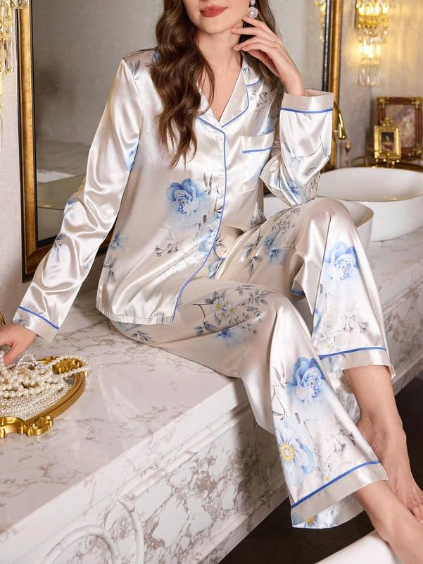 Image of Night Suit for Women with Full Sleeve Button-Down Top with Pant Dress for Woman, Night Dress for Woman, Cotton Two-Piece Loungewear Set