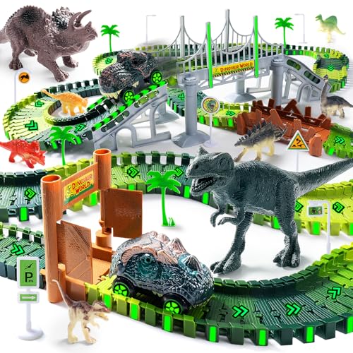 Dinosaurier Spielzeug Autorennbahn Rennbahn Racing Track DIY Kinderspielzeug mit 2 Stück Dinosaurier Autos für 3 4 5 6 Jahre alt Jungen Mädchen Geburtstag Party Gunst Geschenk