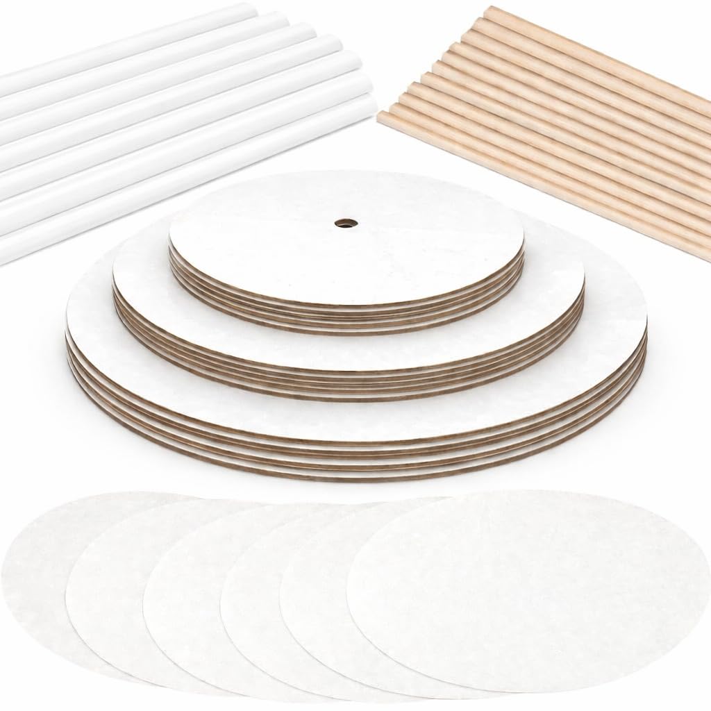 Little Ladle Cake Tier Stacking Kit - 10 Inch, 8 Inch, 6 Inch Cake Boards + Parchment Paper Rounds + Bamboo and Straw Cake Dowels For Tiered Cakes - 125 Pcs