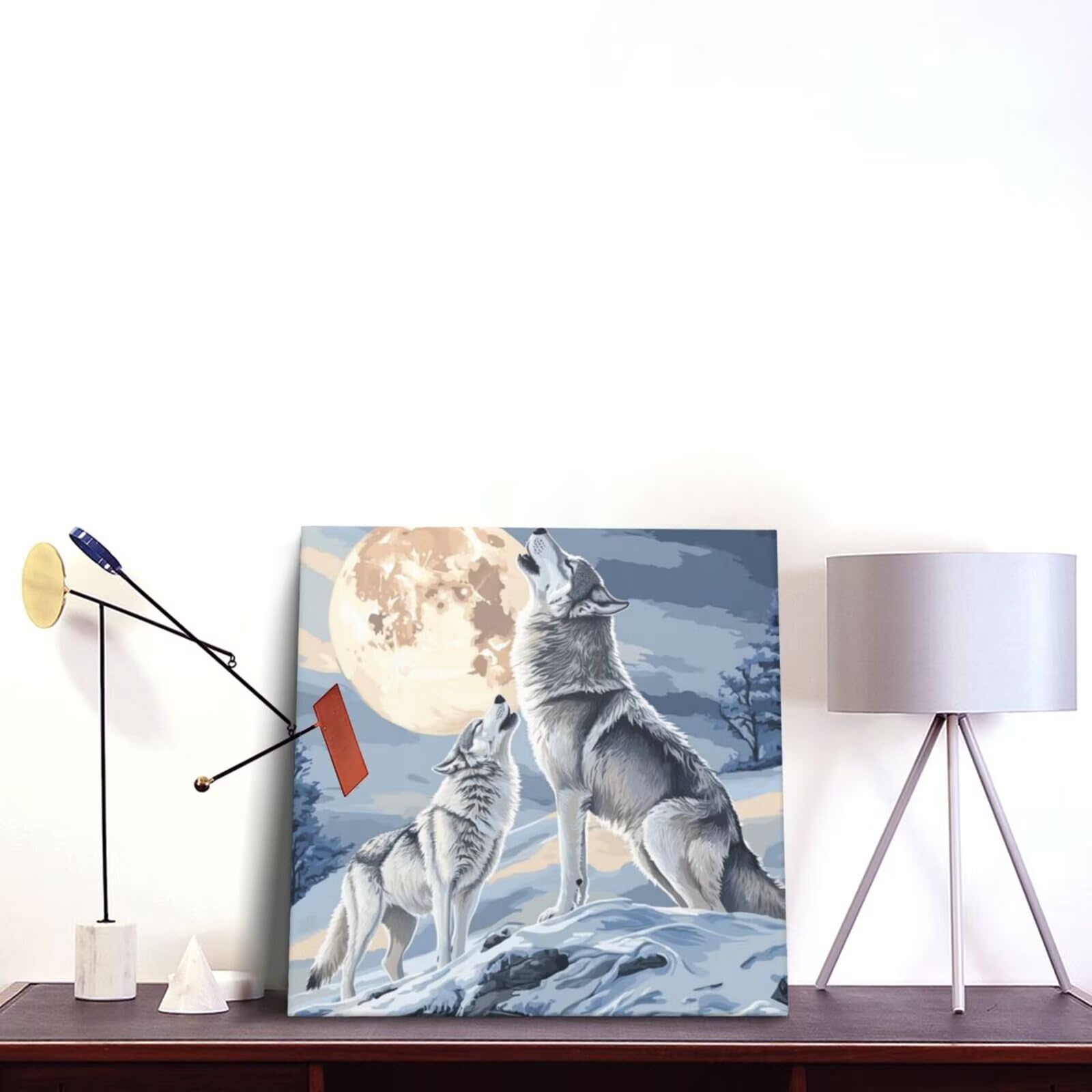 Malen nach Zahlen MK347 Malen-nach-Zahlen-Set für Erwachsene, Motiv: Wolf, Mond, Malen nach Zahlen für Anfänger, Acryl-Peinture a Numero mit 6 Pinseln, DIY-Ölgemälde, Kunst-Bastelsets für