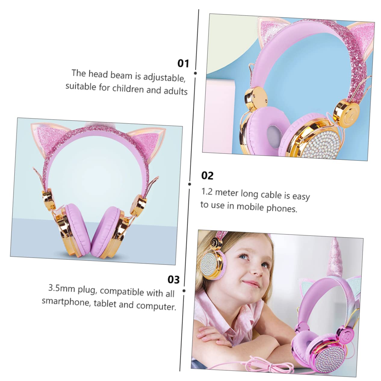 KOMBIUDA 2stücke Mädchen Kopfhörer Mit Mikrofon Faltbare Over-Ear Kopfhörer Für Lautstärkebegrenzung Kompatibel Mit Smartphones Und Tablets Einzigartiges Einhorn-Design Roségold