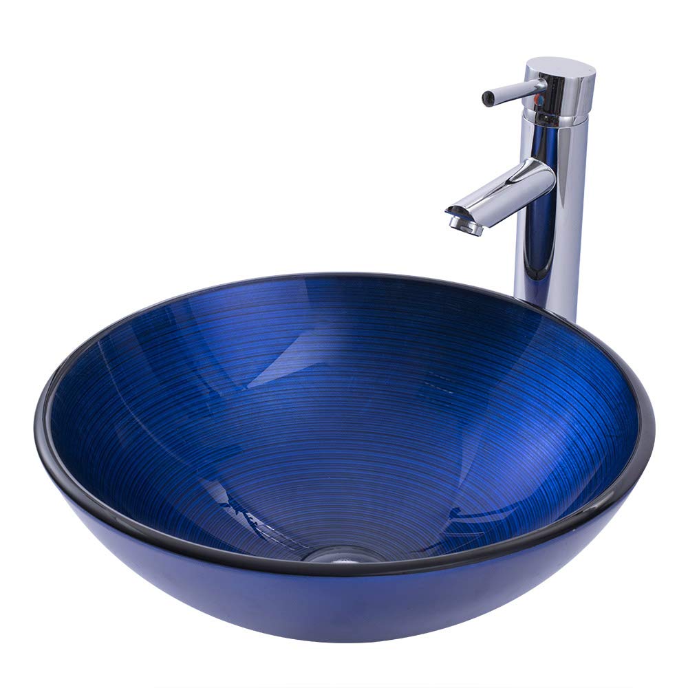 Lavabo Rond en Verre trempé vasque à poser meuble salle de bain robinet bleu