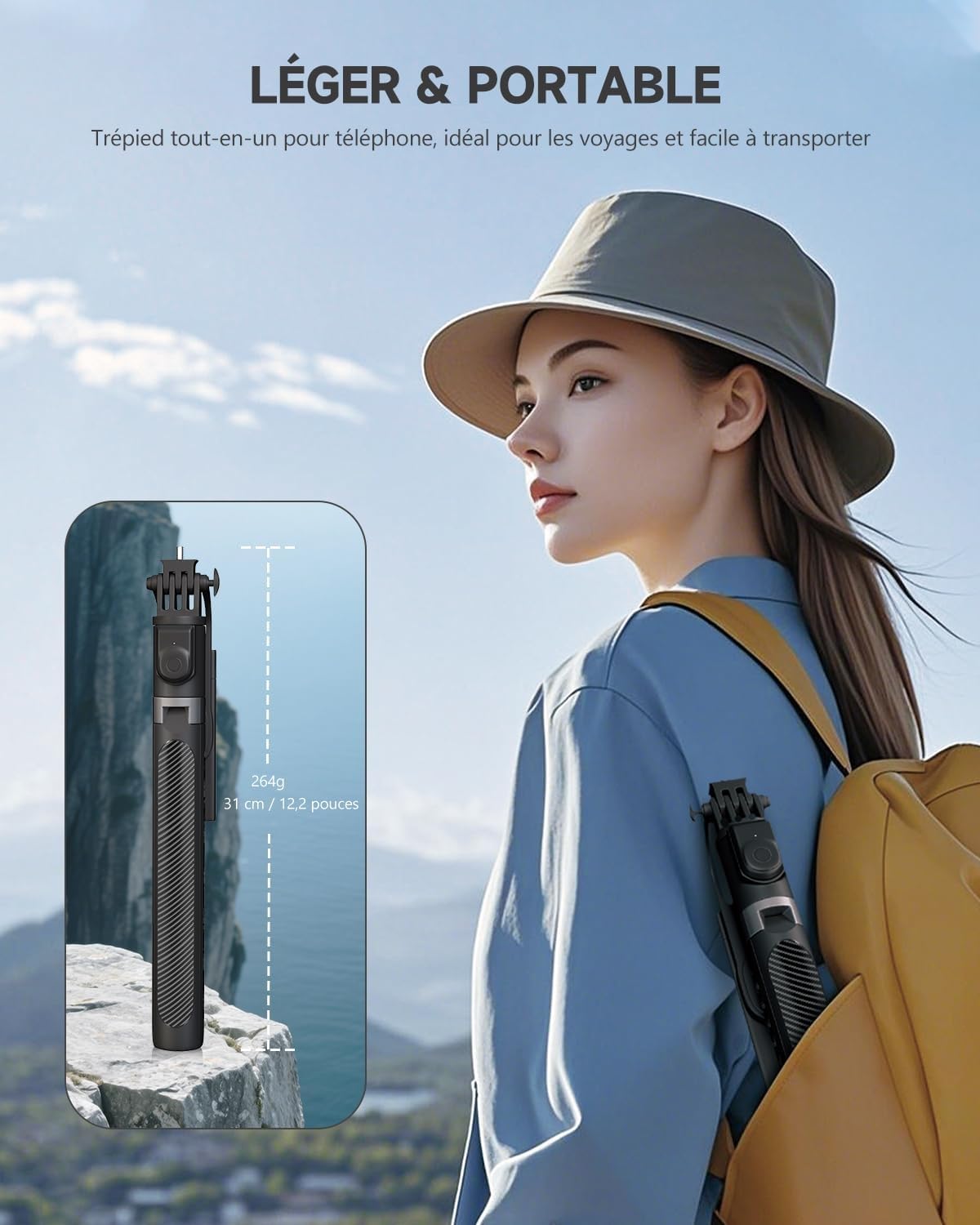 180cm Trepied Smartphone & Perche a Selfie, Trepied Telephone Portable Rétractable en Aluminium avec Télécommande sans Fil pour iPhone/Samsung/Android/Caméra