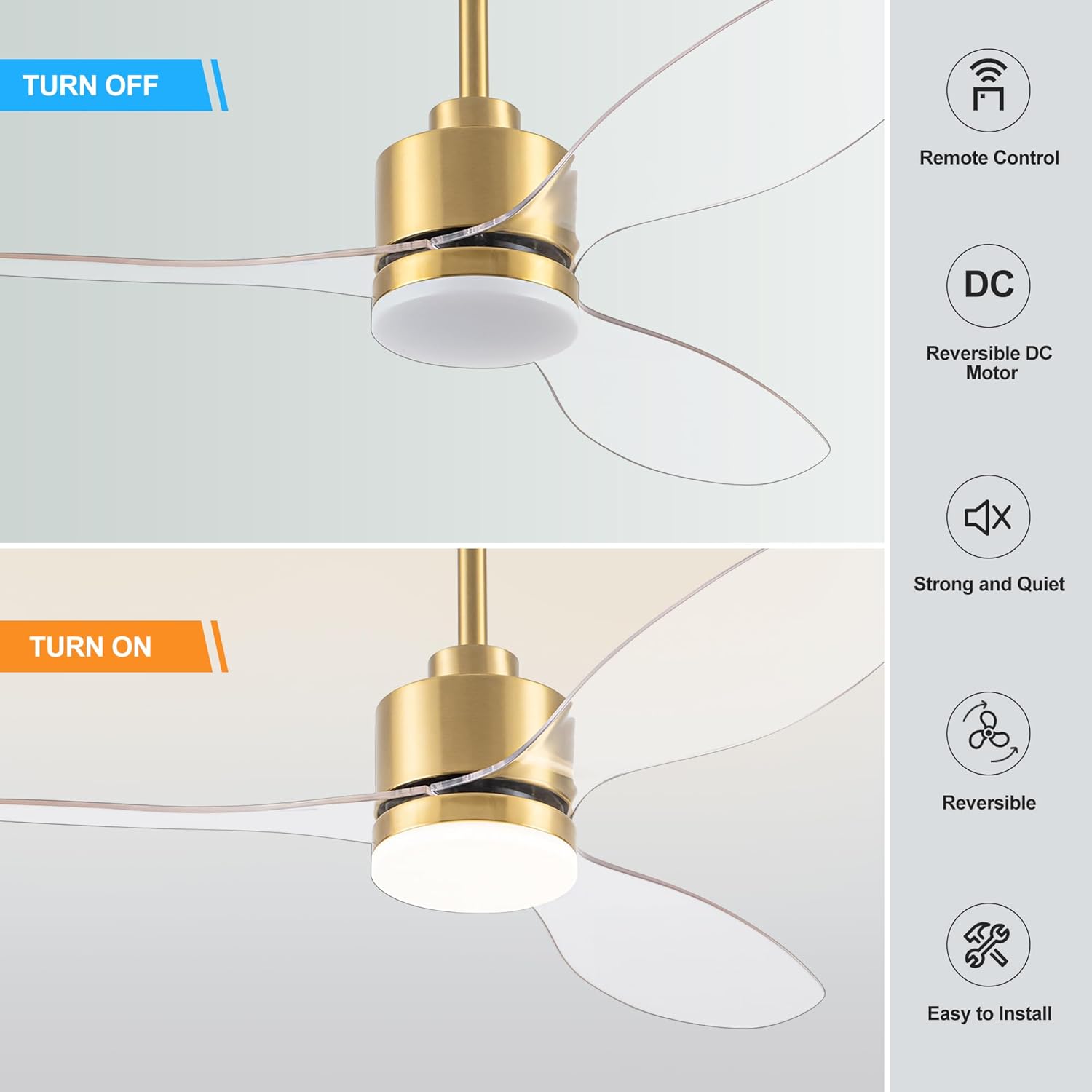 Gold and Clear 52 Inch LED Ceiling Fan with Remote Control