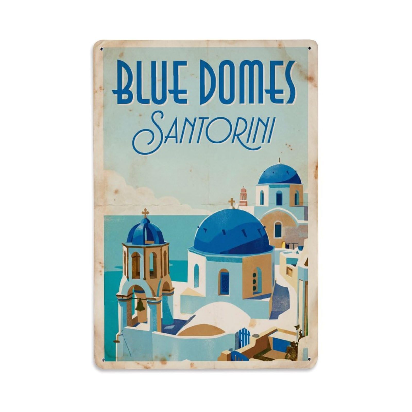 Vintage Travel Blue Domes Santorini Church Metal Tin Sign