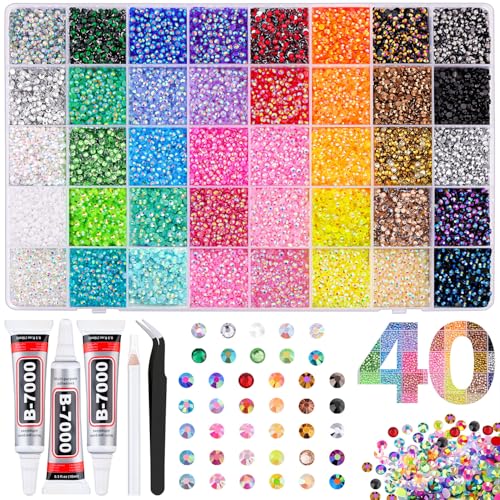 40000Pcs 40 Colors Jelly Rhinestones for Bedazzling, 3mm Multicolor Resin Flatback Gems for Diamond Art, Bedazzler Kit with 3Pcs 10ml B7000 Jewelry Glue for Crafting Book Shoes Nail Art