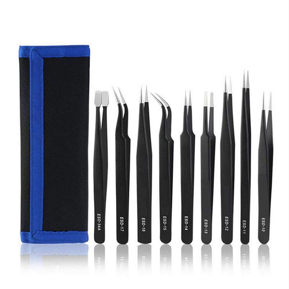 Set di 9 pinzette per sopracciglia, in acciaio inox, con sacchetto di raccolta, 2 colori, pinzette curve, per artigianato, gioielli, elettronica, lavoro di laboratorio