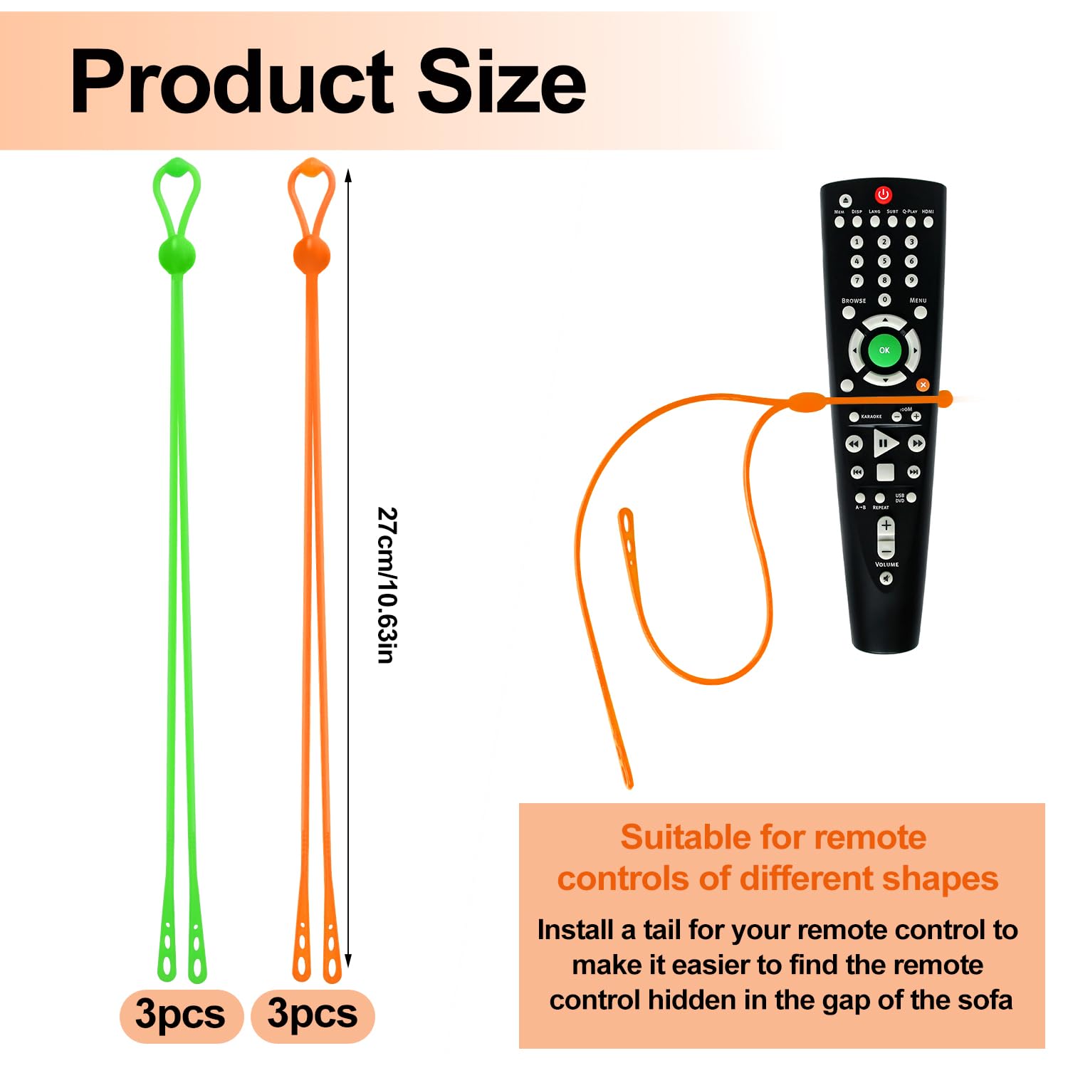 6pcs Silicone Remote Tether, Control Finder Adjustable Pigtail Handheld TV Locator Leash for Lost Solution - Apple LG Samsung Sony (Orange, Green)