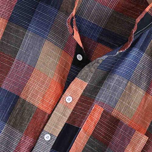 Men's Plaid Shirts Short Sleeve Henley Neck Loose Button up Vintage