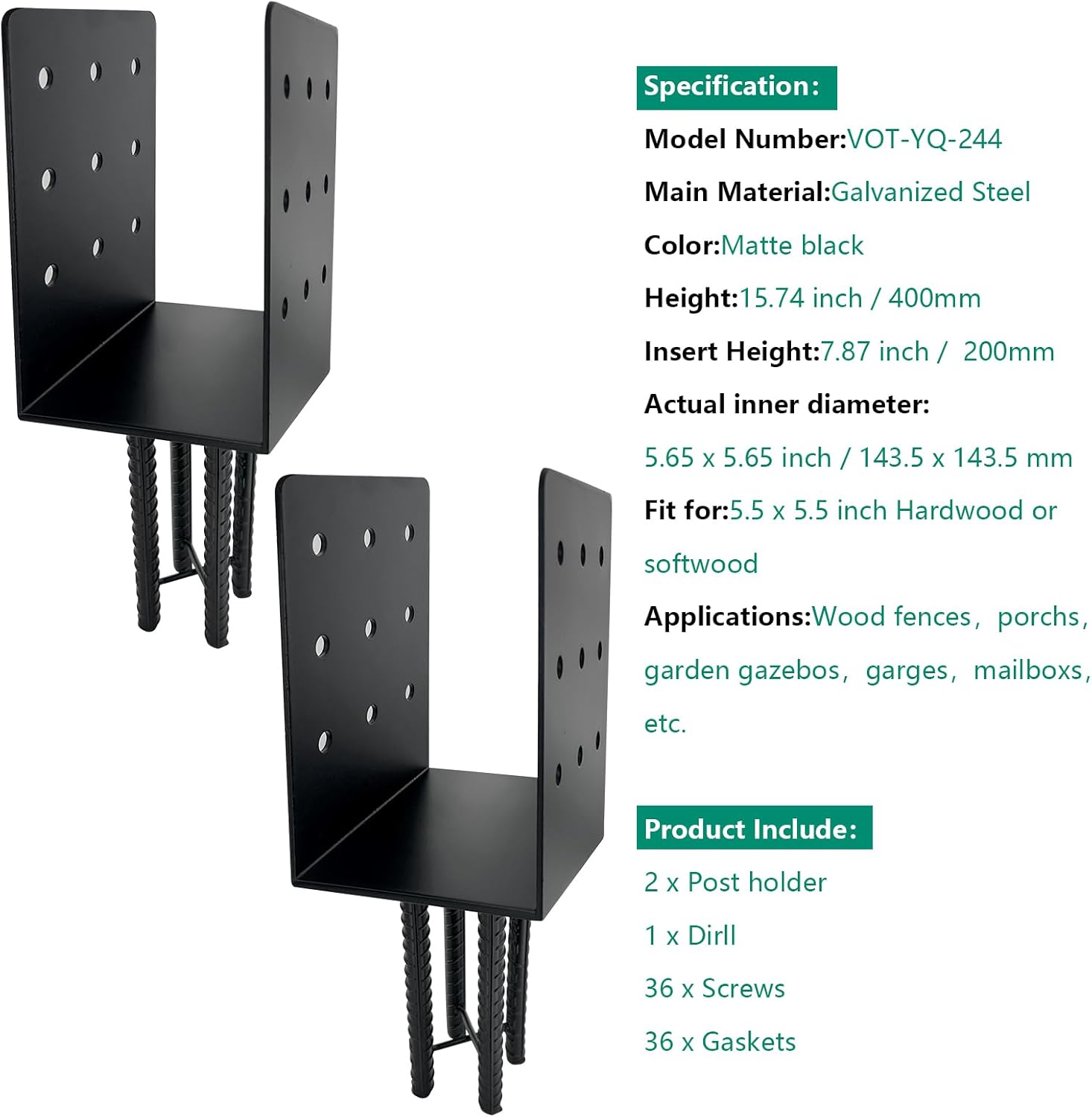 U-Shape Wet Concrete Post Holder for 6" x 6" (Actual 5.5"x5.5") Lumber,Heavy Duty Post Bracket Anchor for Wood Fence,Railing,Pergola (2pack-Matte Black)…