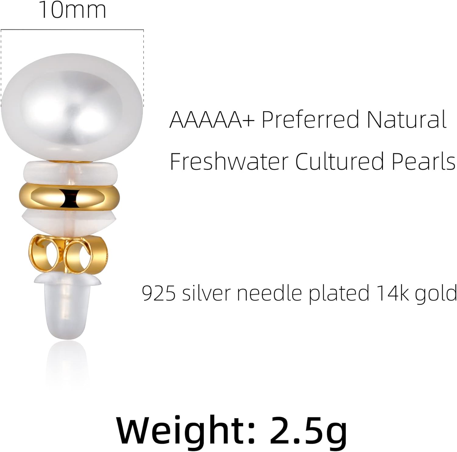 Cowlyn Pearl Stud Earrings 14k Gold Plated 925 Sterling Silver Post Hypoallergenic Earring, Freshwater Cultured Pearl Earrings Shiny Earrings for Women 6-10mm - Image 5