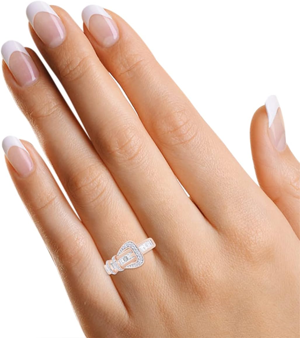 Baguette & Round White Cubic Zirconia Belt Buckle Band Ring for Women, 14K Gold Over Sterling Silver Statement Ring, Dainty CZ Jewelry Gift
