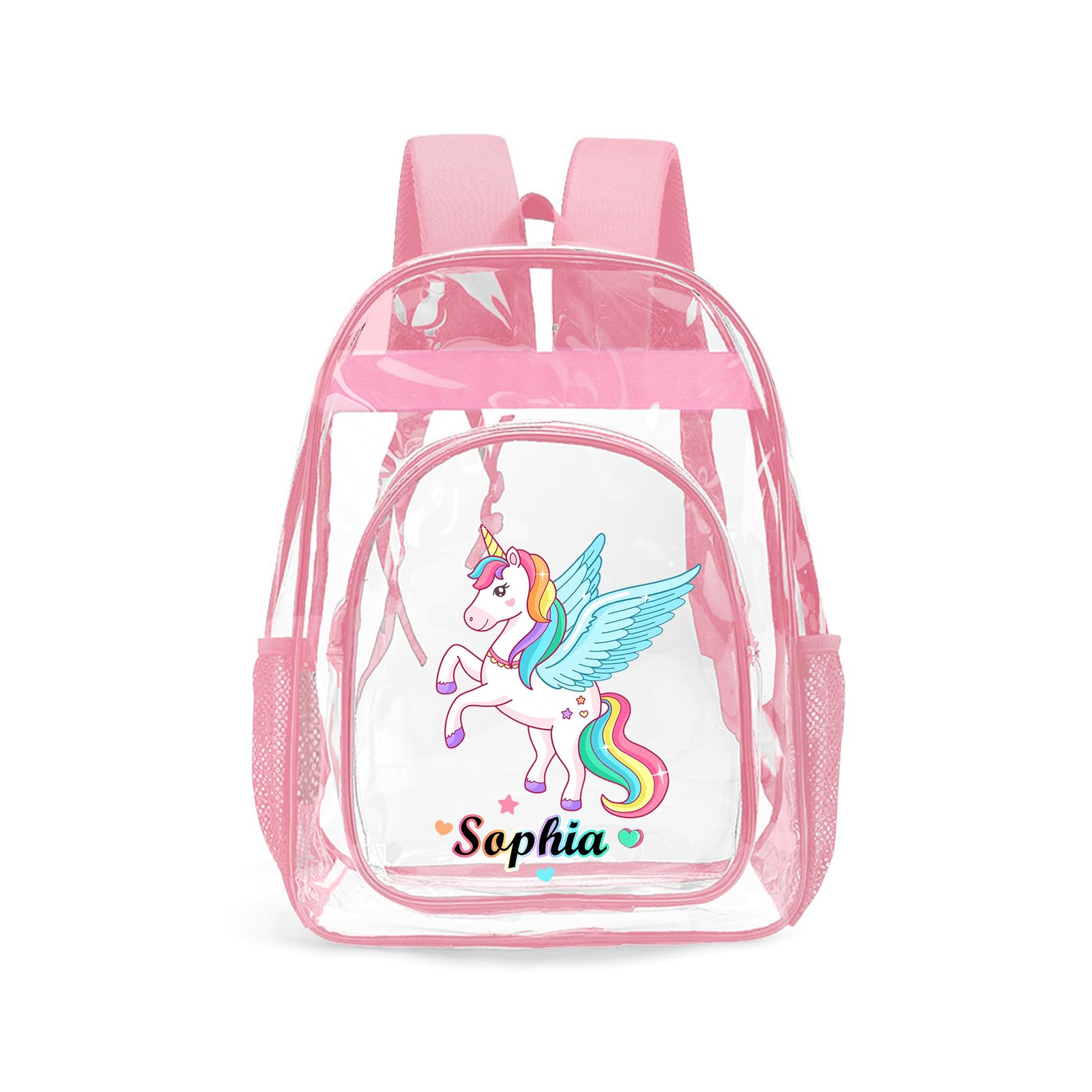 Ecautly Personalized Clear Backpack for Girls, Custom Pink School Clear Backpack for Girls with Name, PVC Waterproof Transparent Backpack Suitable for
