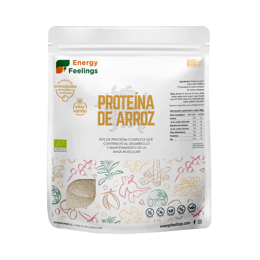 Energy Feelings Proteína de Arroz en Polvo Sabor Vainilla, 80% Proteína Vegana, Ecológica, Sin Gluten, Sin Lactosa, Sin Azúcar Añadido, Apta para Masa Muscular y Control de peso, 1Kg