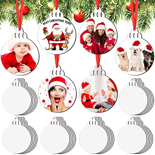 Blulu 30 Pieces Christmas Sublimation Ornament Blanks Sublimation Double Sided MDF Heat Transfer Blanks White Christmas Personalized Hanging Pendants with Red Ribbon for Craft DIY(Classic Style)