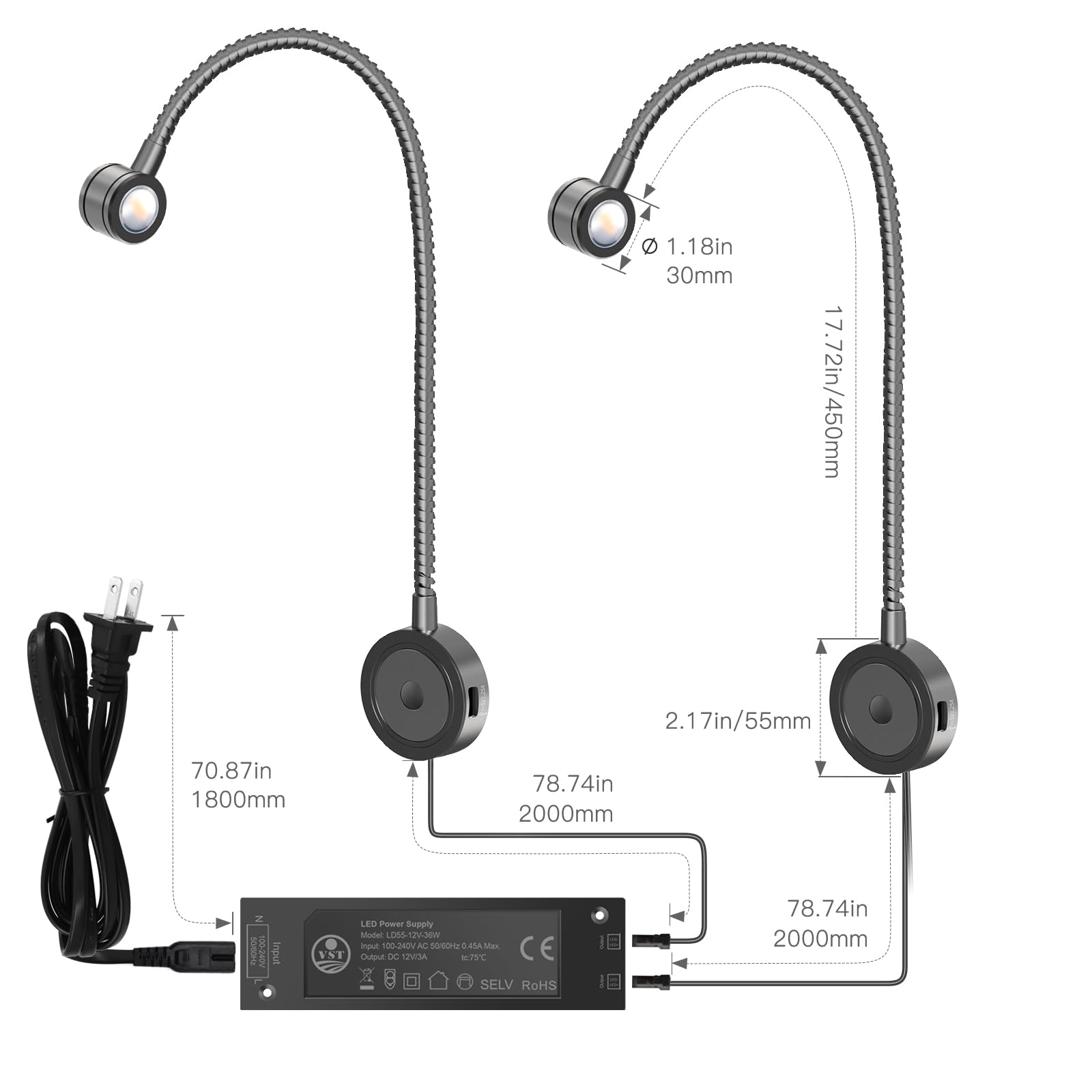 7W LED ベッドサイド読書ウォールライト USB充電 アルミニウムランプ VST Wall Mounted Bed Reading Light, 3000K ETL Listed Headboard