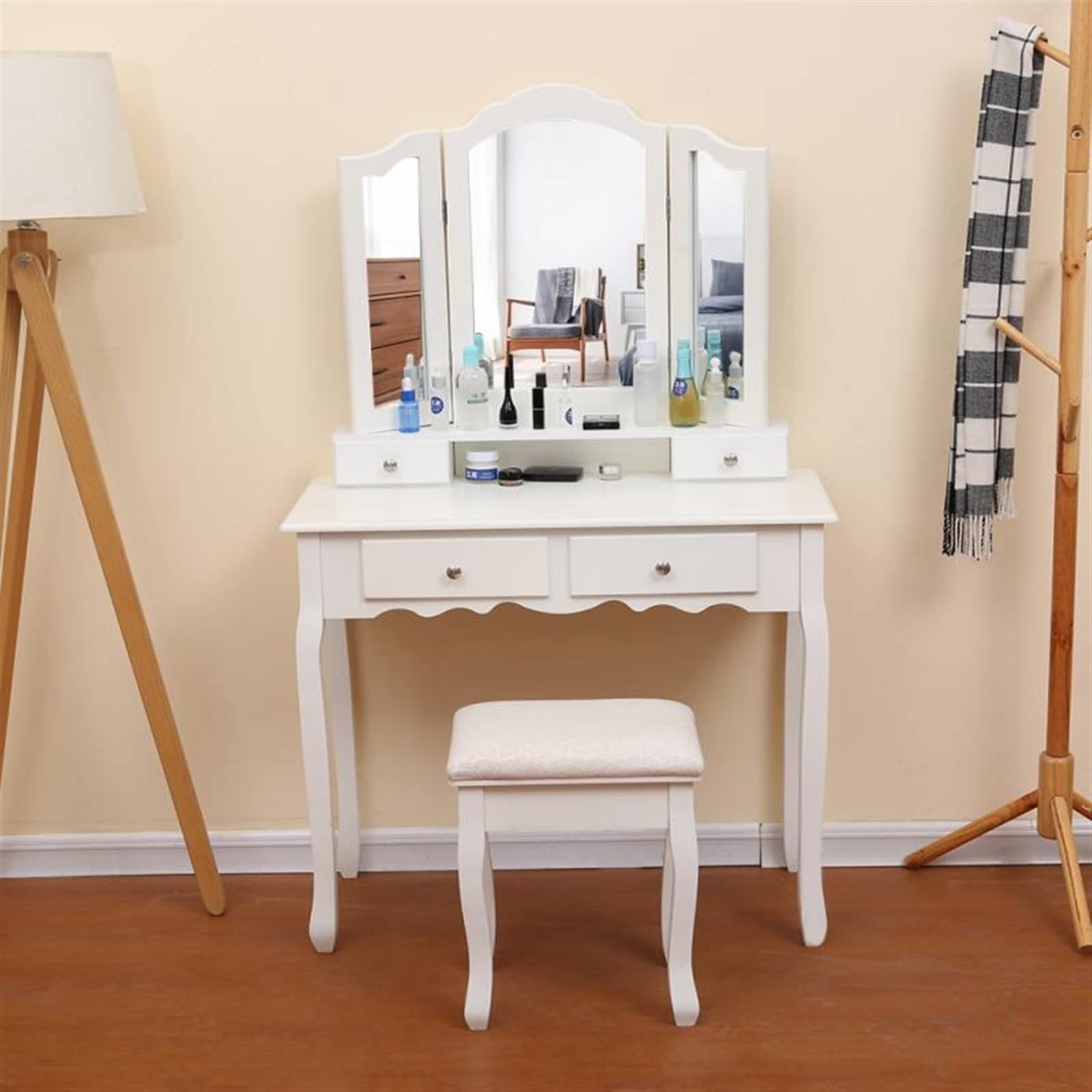 Specchio da trucco con contenitore, elegante consolle per camera da letto e soggiorno, perfetto per vestirsi e esporre accessori