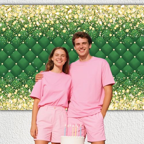 Image of Birthday Decorations Backdrop 8 x 6 ft Green Golden Happy Birthday Banner Large Birthday Party Background for Men Women Kids Photo Shoot Supplies (Green, 8 * 6 ft)
