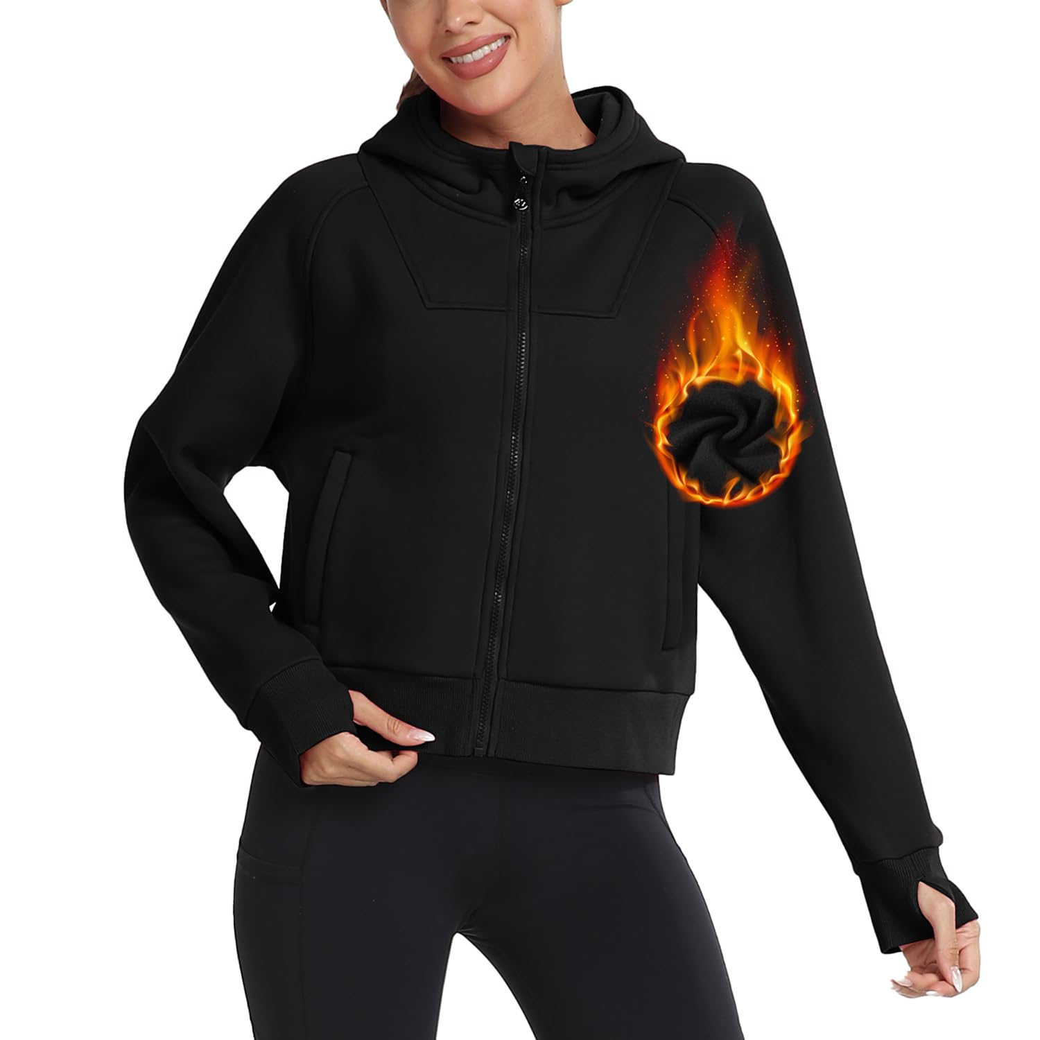 MoFiz Vestes de Sport Femme Sweats à Capuche Doublé Polaire Chaud Veste de Course Manche Longue avec Zip